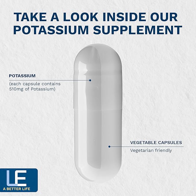 Life Enhancement High Absorption Potassium Supplement for Muscle, Brain & Bone Health - No Additives High Potency Elemental Potassium Supplement, Made in USA (120 Capsules – 60 Servings)