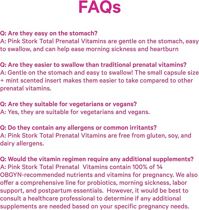 Pink Stork Total Prenatal Vitamins with DHA, Folate, Iron, Choline, and Vitamin B12 - Preconception Nutrition - Prenatals for Women, Pregnancy Essentials - Mint Essence, 60 Capsules, 1 Month Supply