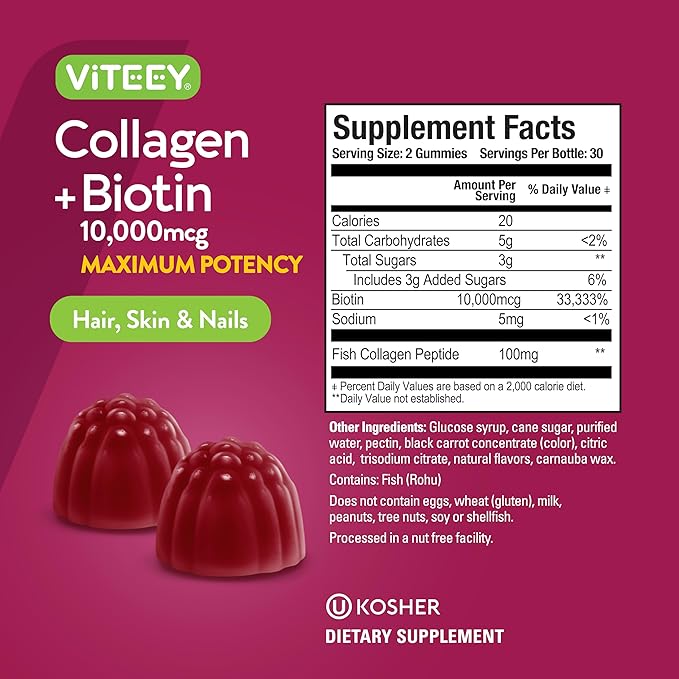 Viteey Collagen Gummies with Biotin Gummies for Hair Skin and Nails Vitamins - Biotin and Collagen Supplements for Women & Men - Vegan, Gluten-Free – 60 Count