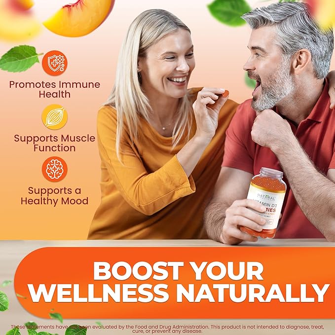 Vitamin D3 10000 IU & K2 Gummy for Adults - Sugar-Free, High Absorption - Supports Bone, Joint, Immune, Heart, Brain & Dental Health - Non-GMO, Gluten-Free, Fiber-Based, Peach Flavor, 120 Gummies