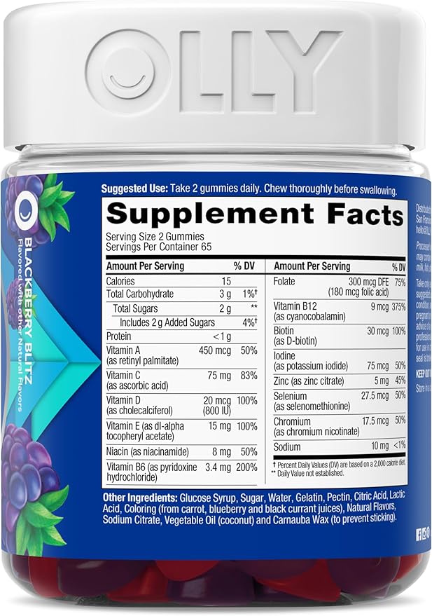 OLLY Men's Multivitamin Gummy, Vitamins A, C, D, E, B, Zinc, BlackBerry Flavor, 65 Day Supply - 130 Count (Packagine May Vary)