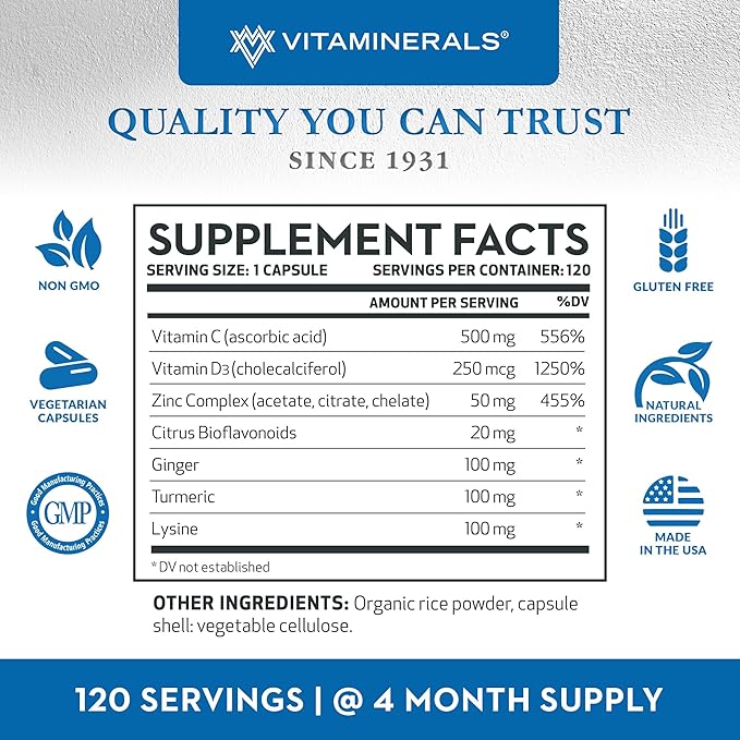 Vitaminerals® Z D C, Zinc Complex 50mg | Vitamin D3 250mcg | Vitamin C 500mg | Ginger | Lysine | Turmeric | Vegetarian Capsules| 120 Servings