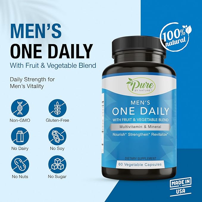 Pure By Nature One-Daily Multivitamin for Men, Immune Support Supplement with Non-GMO Ingredient, Vitamin & Minerals for Energy, 60 Veggie Capsules