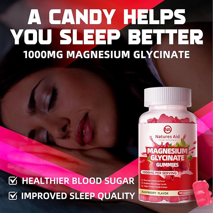 Magnesium Glycinate Gummies 1000mg - Sugar Free Magnesium Potassium Supplement with Vitamin D, B6, CoQ10 for Calm Mood & Sleep Support - 90 Raspberry Gummies.
