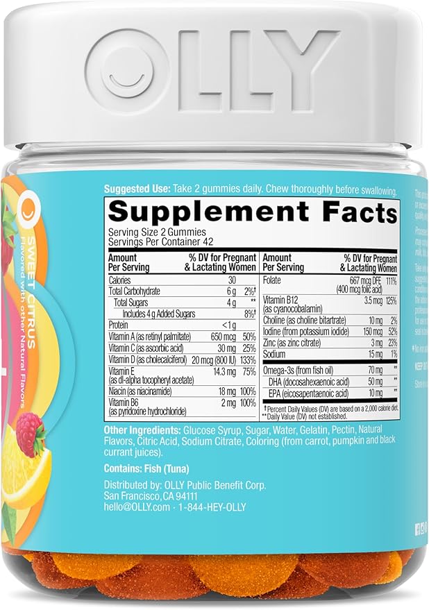 OLLY Essential Prenatal Gummy Multivitamin, Folic Acid, Vitamin D, Omega 3 DHA, Supports Healthy Growth and Brain Development, Citrus Berry - 84 Count
