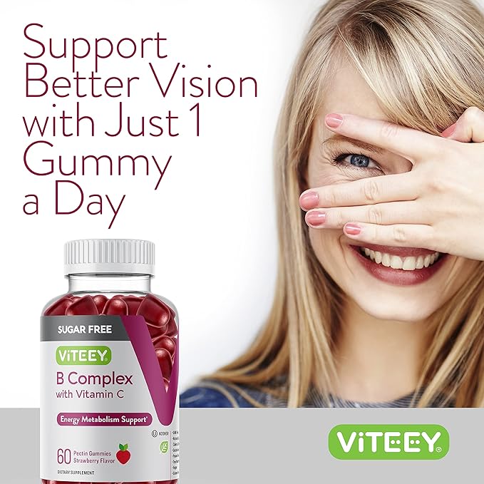 VITEEY Vitamin B Complex Gummies with Vitamin C, Sugar Free - Energy, Metabolism & Nerve Health - B6, B12, Folic Acid, Biotin - Vegan, Gelatin Free, GMO Free - Tasty Chewable Strawberry Flavored Gummy