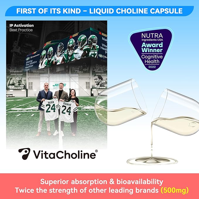 Award Winner -Clinically Dosed 500mg VitaCholine ® - 60 Caps - Liquid Choline Supplement –Support Pregnancy & Baby Brain & Liver Health LDL & HDL Level - Cognitive Health - Made in USA