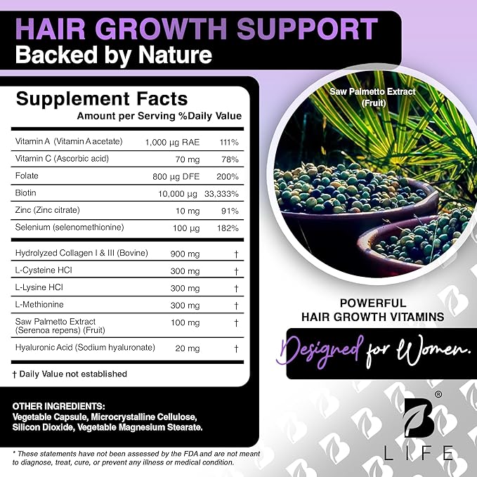 Hair Vitamins for Hair Loss for Women – Biotin for Hair Growth – Hair Loss Treatments for Women – Healthy Hair Skin and Nails –120 Capsules – 30 Servings