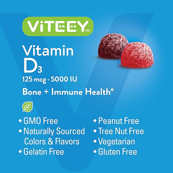 Viteey Vitamin D3 Gummies for Adults & Teens - 5,000 IU, 125mcg, Ultra Strength - Joint & Muscle Health, Immune Boost - Chewable Vitamin D Gummies - Vegetarian, Gelatin Free - Tasty Berry Flavored