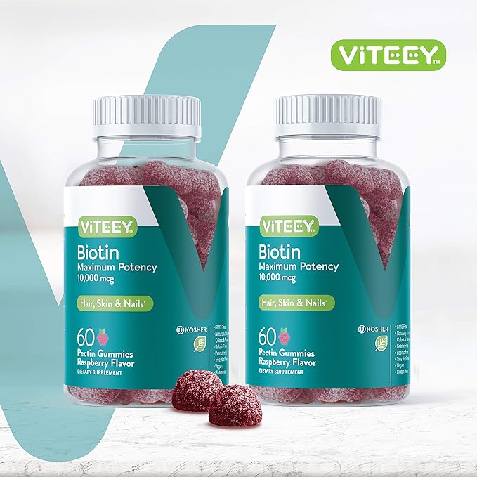 Viteey Biotin Gummies for Hair Skin and Nails - Biotin for Hair Growth Gummies - 10,000 mcg - Vegan, Gluten-Free, Non-GMO – 120 Count