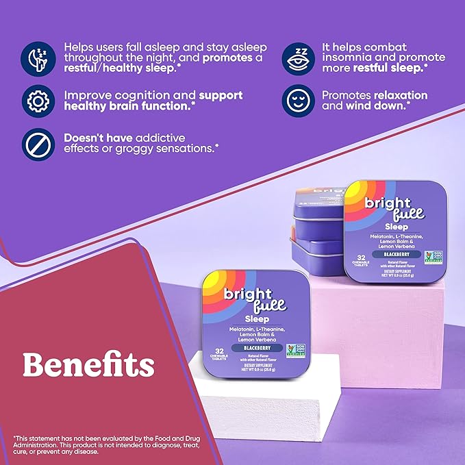 Natural Sleep Aid with Melatonin, Ashwagandha, Lemon Balm & L-Theanine – Drug-Free Sleep Support Supplement – Restful Sleep, Back to Sleep – BlackBerry Flavor – 32 Chewable Tablets