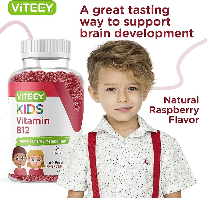 Viteey Vitamin B12 for Kids Gummies, 1000mcg - Metabolism, Natural Energy Support - Vegan, Gelatin Free, Gluten Free, GMO Free - Tasty Chewable B12 Raspberry Flavored Gummy