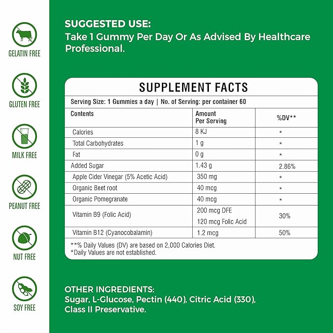 Apple Cider Vinegar Gummies with Vitamin B9 & B12 β 60 Vegan Gummies β Muscle Power Support, Digestive Health, Immunity Boost β Gelatin-Free, Gluten-Free, Soy-Free β Green Apple Flavor