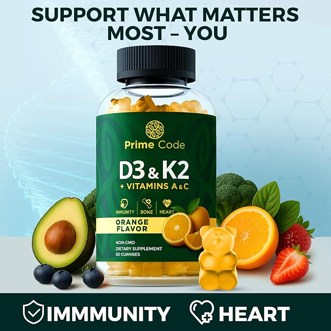 Vitamin D3 K2 with Vitamins A & C Gummies | Vitamin D3 K2 | Vitamin A & C | Vitamin CD | Vitamin ADK | D3K2 | Bone & Heart Health Support | D3 and K2 Gummies | High Absorption | Non-GMO | Gluten-Free