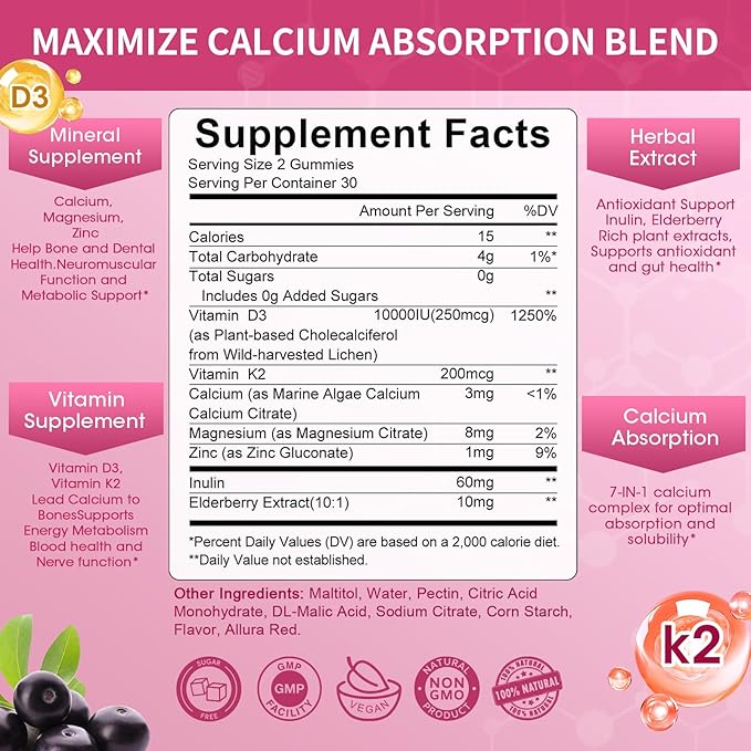Vitamin D3 10000 IU + K2 (MK-7) 200mcg w/Calcium Magnesium Zinc Elderberry & Inulin-Highly Bioavailable-Enhanced Absorption for Immune & Bone Support- K2 D3 Vitamin Supplement-Vegan Gummies
