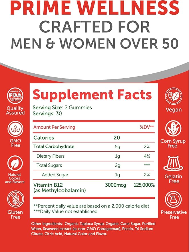 Lunakai USA Made Vitamin B12 Gummies for Adults 50+, Non-GMO B12 for Energy & Vitality Boost, Delicious Orange Flavor, 60ct