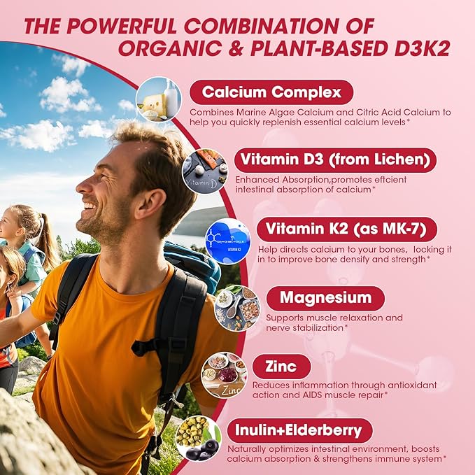 Vitamin D3 10000 IU + K2 (MK-7) 200mcg w/Calcium Magnesium Zinc Elderberry & Inulin-Highly Bioavailable-Enhanced Absorption for Immune & Bone Support- K2 D3 Vitamin Supplement-Vegan Gummies