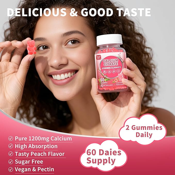 (2 Pack) Calcium Citrate 1200 mg Gummies for Women & Men,Calcium Supplements for Women,High Absorption for Bone Muscle Healthy - Easy to Digest, Sugar Free,Vegan,Peach Flavor,60 Day Supply
