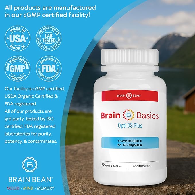 Brain Basic Opti D3 Plus - Vitamin D3 5000 IU with K1, K2, and Magnesium - Brain Support Supplement for Mood, Mind, Memory - Bone, Muscle, and Immune Health - Gluten Free, Soy Free, and Dairy Free