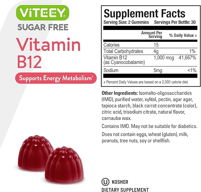 Viteey Vitamin B12 Gummies for Adults & Teens 1000mcg, Sugar Free - Good for Energy, Metabolism, Natural Energy Support - Vegan, Gelatin Free, Gluten Free, GMO Free - Chewable Strawberry Flavored