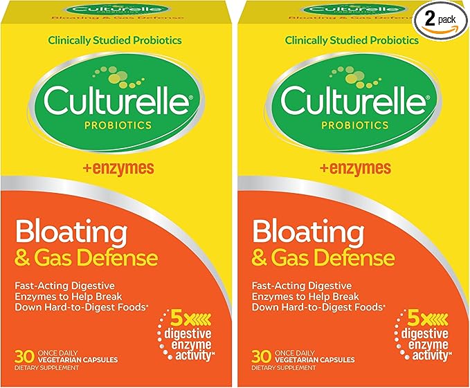 Culturelle Bloating & Gas Defense, Digestive Enzymes & Probiotics for Digestive Health, 30 Capsules, Supports Occasional Indigestion & Discomfort (Pack of 2)