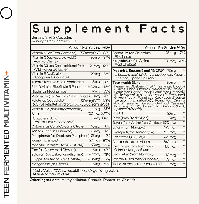 Codeage Teen Multivitamin Supplement – Daily Vitamins and Minerals for Teen Boys and Girls – Organic Whole Food Formula with Omega-3 and Vitamins A to K - 60 Capsules