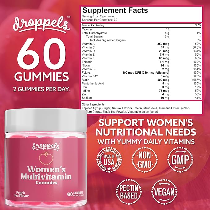 Droppels Women's Multivitamin Gummies with Folic Acid, Vitamins A, D, C, E, K, B6, B12, Biotin & More | Vegan, Non-GMO & Pectin-Based Daily Vitamins for Women | Peach Tea Flavor, 60 Count