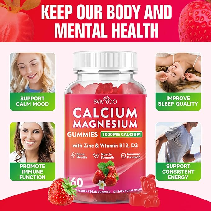 Calcium Gummies 1000mg with Vitamin D3 K2 & B Complex, Potassium, Calcium Magnesium Zinc Gummies for Bone, Muscle, Mood and Immunity - Vegan, Non-GMO, Strawberry Flavor 60 Count