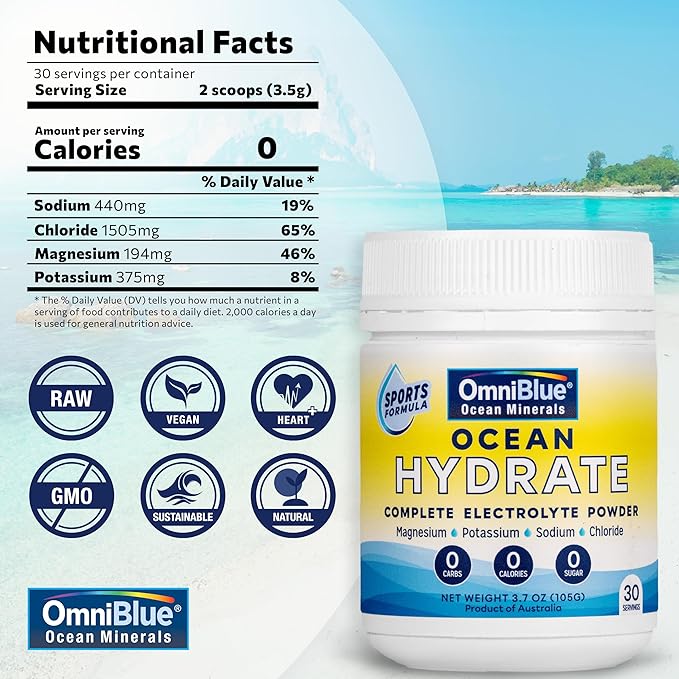 OceanHydrate Sports-Complete Electrolyte Powder |1500mg Chloride Electrolytes, 440mg Sodium, 375mg Potassium, 194mg Magnesium | Zero Calories, Zero Sugar | Keto and Paleo Supportive | 3.7oz