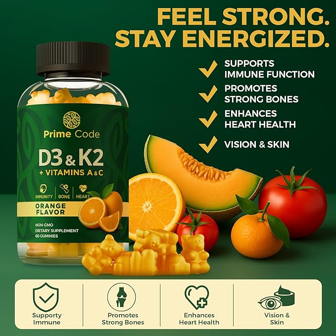 Vitamin D3 K2 with Vitamins A & C Gummies | Vitamin D3 K2 | Vitamin A & C | Vitamin CD | Vitamin ADK | D3K2 | Bone & Heart Health Support | D3 and K2 Gummies | High Absorption | Non-GMO | Gluten-Free