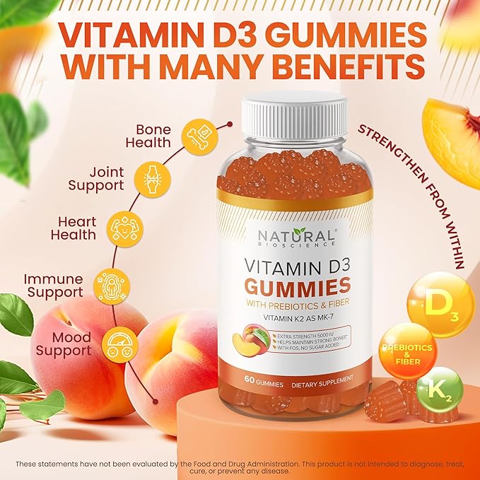 Vitamin D3 10000 IU & K2 Gummy for Adults - Sugar-Free, High Absorption - Supports Bone, Joint, Immune, Heart, Brain & Dental Health - Non-GMO, Gluten-Free, Fiber-Based, Peach Flavor, 120 Gummies