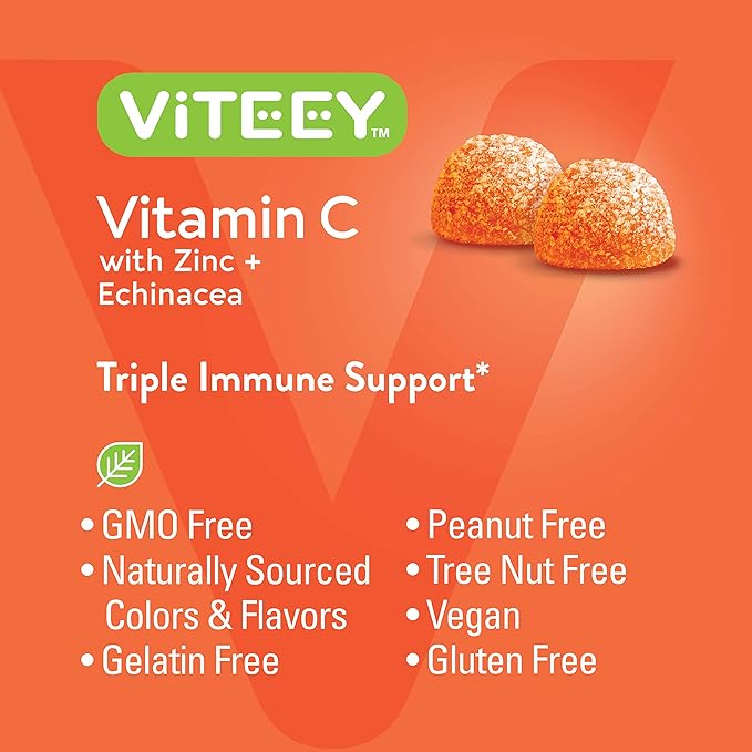 Viteey Vitamin C Gummies for Adults & Teens with Zinc & Echinacea - Immune Support Gummies - Vegan, Gelatin Free, Gluten Free, GMO Free - Tasty Vitamin C Chewable Orange Flavored Gummy