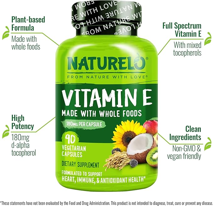 NATURELO Vitamin E - 180 mg (300 IU) of Natural Mixed Tocopherols from Organic Whole Foods - Supplement for Healthy Skin, Hair, Nails, Immune & Eye Health - Non-GMO, Soy Free - 90 Vegan Capsules