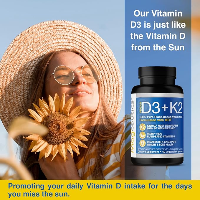 Vitamin D3 K2 with MCT, 5000 IU Vegan D3 & 100 mcg MK7 K2, Support Strong Bones and Immune Health - 60 Capsules (60 Days Supply)
