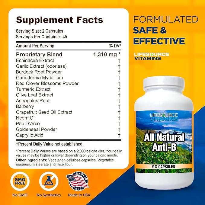 LifeSource Vitamins All Natural Anti-B for Immune Support, 14 All Natural Ingredient with Echinacea & Garlic Extract, 90 Immune Defense Capsules.