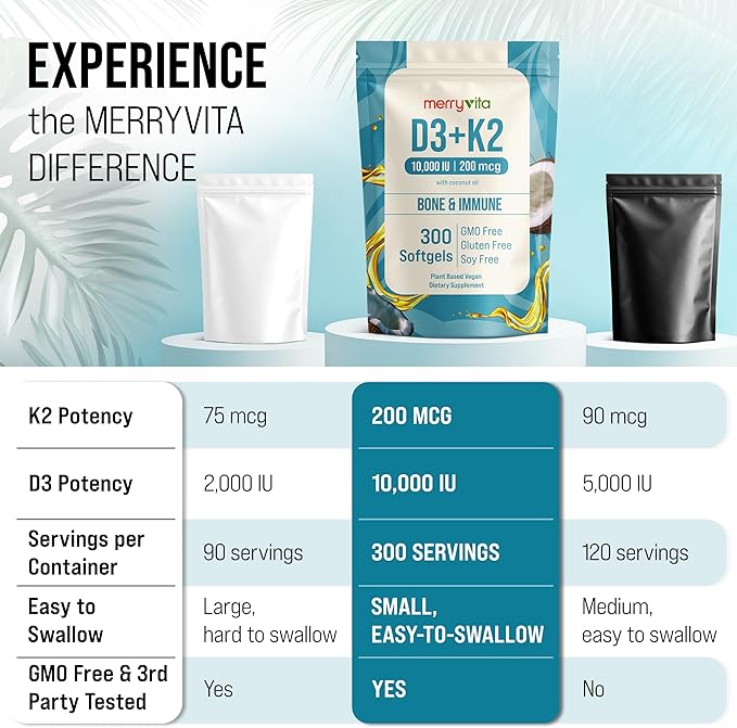 Vitamin D3 K2 300 Softgels β 10000 IU & 200 MCG K2 MK7 β Plant-Based, Vegan, Non-GMO, Gluten-Free β Coconut Oil β Immune, Bone & Muscle Support β D3 con K2 vitamina Supplement