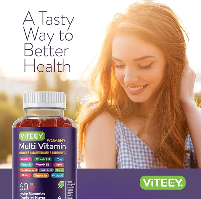 Viteey Womens Multivitamin Gummies - Immune Support - 12 in 1 Essential Vitamins & Minerals - Vitamin A, C, D3, E, B6, B12, Folic Acid, Biotin, Calcium, Zinc & More - Vegetarian - Raspberry Flavored