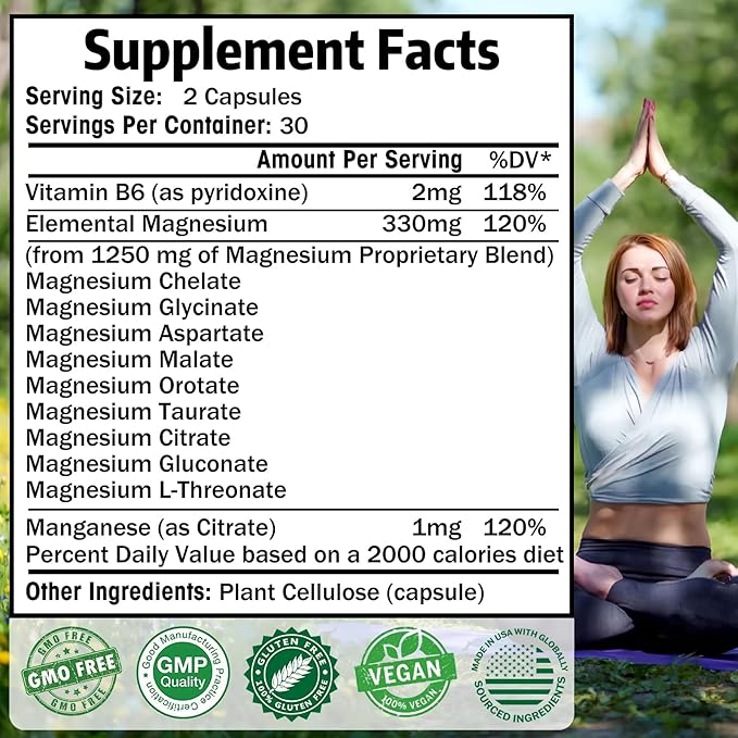 Magnesium Supplement with 9 Forms of High Absorption Magnesium Glycinate, L-threonate, Citrate, Malate and More for Muscle, Brain Support, Non-GMO, Gluten & Soy Free, 60 Capsules