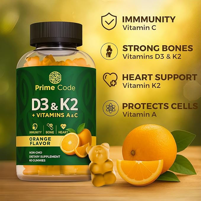 Vitamin D3 K2 with Vitamins A & C Gummies | Vitamin D3 K2 | Vitamin A & C | Vitamin CD | Vitamin ADK | D3K2 | Bone & Heart Health Support | D3 and K2 Gummies | High Absorption | Non-GMO | Gluten-Free