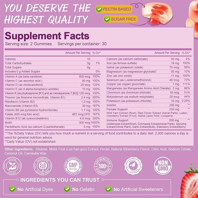 Sugar Free Multivitamin Gummies for Women 14+ w/Iron, Inositol, Folate, Biotin, Womens Daily Multivitamin Gummy w/Vitamin A, C, B, D3, K2, for Hair, Skin, Energy, Immune, Strawberry Flavor