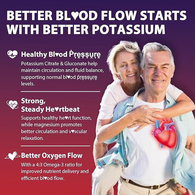 Potassium Citrate and Potassium Gluconate Supplement, 1200mg Two Forms of Potassium Gummies, w/Magnesium, Omega-3, Calcium, Vitamin D3 K2 B12 E B6, Folate for Muscles, Nerves, Health Bones, 120Cts