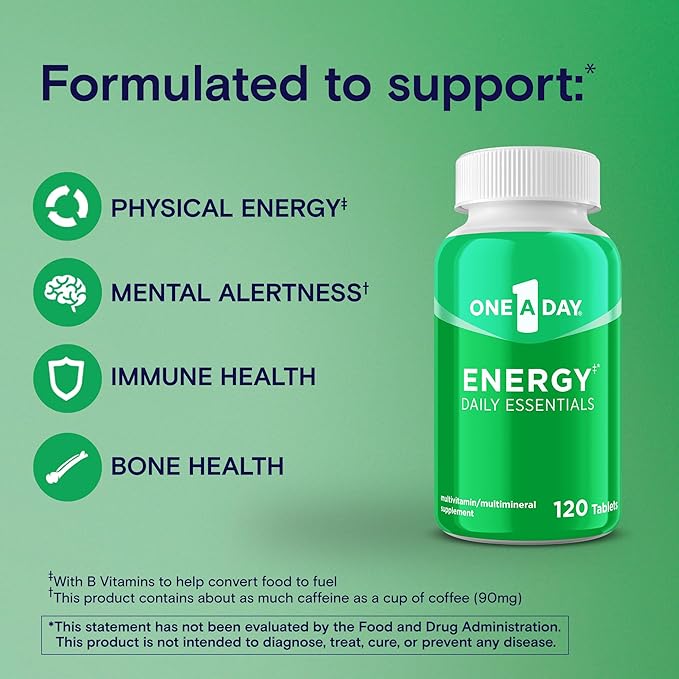 One A Day Energy Daily Essentials Multivitamin, Energy Supplement to Support Mental Alertness and Immune Health with Vitamins A C, D, E, Zinc and Caffeine, 120 Count