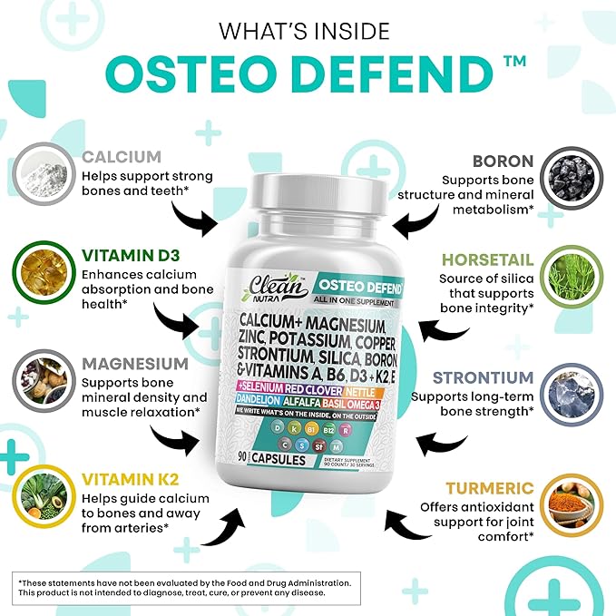 Clean Nutraceuticals Calcium Magnesium Zinc Supplement with Potassium, Copper, Strontium, Silica, Vitamin D3 K2, Boron, Vitamin B1 B12 Red Clover Herb Alfalfa Basil Pills for Men & Women Osteo Defend