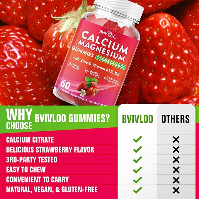 Calcium Gummies 1000mg with Vitamin D3 K2 & B Complex, Potassium, Calcium Magnesium Zinc Gummies for Bone, Muscle, Mood and Immunity - Vegan, Non-GMO, Strawberry Flavor 60 Count