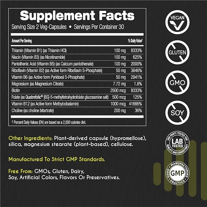 Active-B Complex ā High Strength Activated B Vitamin Supplement with B2, B6, B12 & Methyl Folate ā Supports Energy, Brain Function & Nervous System ā 60 Vege-Capsules