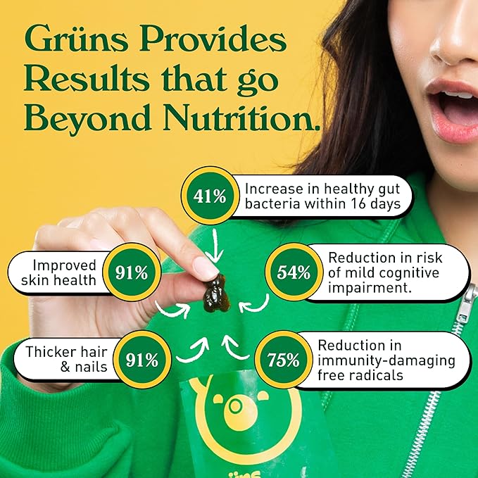 Gruns Adults Super Greens Gummies, Multivitamin Superfood Gummy Bears, Spirulina, Chlorella, Prebiotics & Fiber Gummies for Digestive Health, Adaptogens Supplement, 20 Vitamins & Minerals, 10 Count