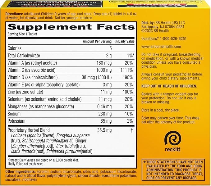 Airborne 1000mg Vitamin C with Vitamin D & Zinc, Sugar Free Multivitamin Immune Support Supplement, Antioxidants Vitamins A C & Vitamin E, 30 Effervescent Tablets, Zesty Orange Flavor
