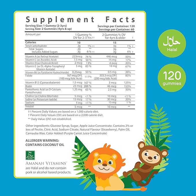 Halal Multivitamin Gummies for Kids: Vitamin C, D3, and Zinc for Immunity, B6 B12 for Energy. Gluten Free Halal Gummies, 120 Count Gummy Vitamins for Kids