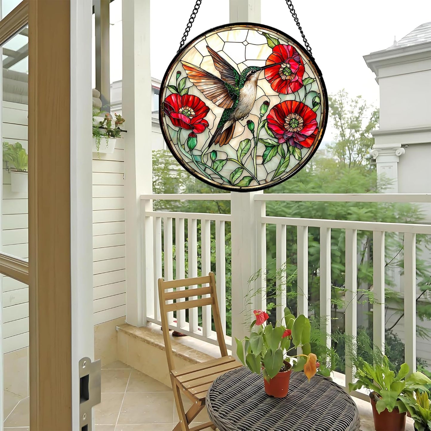 Stained Glass Window Hanging - Green Hummingbird Red Flower Suncatcher for Door Terrace Garden Home Decor Bird Landscape Sun Catcher Birthday Gifts for Lovers Women Men Dad Mom Nana 9.8 in