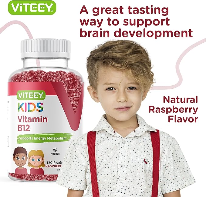 Viteey Vitamin B12 for Kids Gummies, 1000mcg - Metabolism, Natural Energy Support - Vegan, Gelatin Free, Gluten Free, GMO Free - Tasty Chewable B12 Raspberry Flavored Gummy